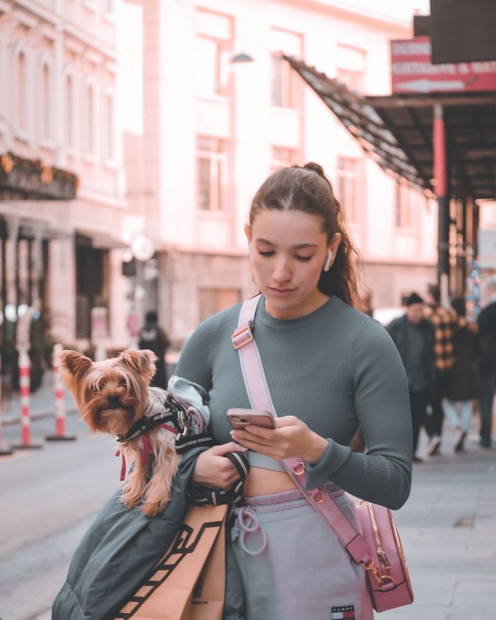 Young woman with Yorkie dog in a backpack checks smartphone on a city street in casual fashion.